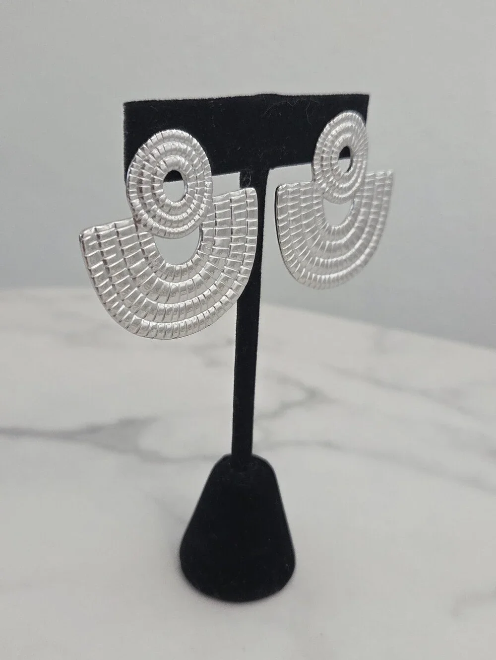 Stainless Steel Silver Textured Fan Dangle Earrings - Picture 11 of 14
